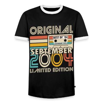 20th Birthday Vintage September 2004 Original - Men's Ringer Shirt - black/white - Front - AI Model Female 172 light (172cm) & AI Model Male 178 light (178cm)