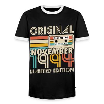 30th Birthday Vintage November 1994 Original - Men's Ringer Shirt - black/white - Front - AI Model Female 172 light (172cm) & AI Model Male 178 light (178cm)