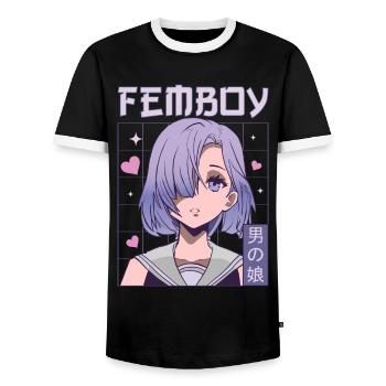 Femboy Crossdressing Crossdresser MTF Anime - Men's Ringer Shirt - black/white - Front - AI Model Female 172 light (172cm) & AI Model Male 178 light (178cm)