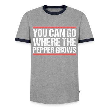 Vous pouvez aller là où pousse le poivre. Danglais - T-shirt contrasté Homme - gris/marine  - Devant - AI Model Female 172 light (172cm) & AI Model Male 178 light (178cm)