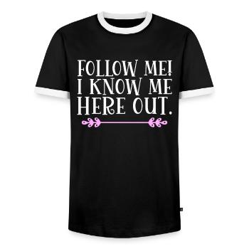 Follow me! I know me here out. Denglish - Men's Ringer Shirt - black/white - Front - AI Model Female 172 light (172cm) & AI Model Male 178 light (178cm)