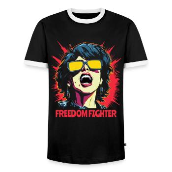 pop art Frau Freiheitskämpferin mit Sonnebrille - Männer Kontrast-T-Shirt - Schwarz/Weiß - Vorne - AI Model Female 172 light (172cm) & AI Model Male 178 light (178cm)