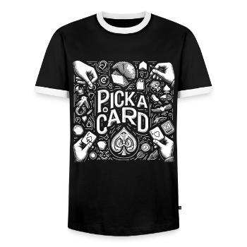 Pick a Card - Magical Gift for Magicians - Men's Ringer Shirt - black/white - Front - AI Model Female 172 light (172cm) & AI Model Male 178 light (178cm)