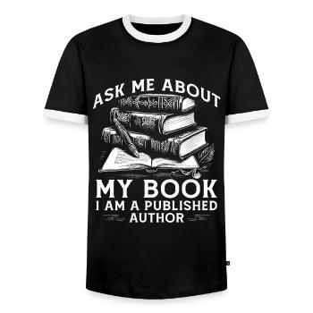Ask Me About My Book I Am A Published Author - Men's Ringer Shirt - black/white - Front - AI Model Female 172 light (172cm) & AI Model Male 178 light (178cm)