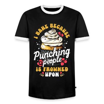 Ich backe, weil es verpönt ist, Leute zu schlagen - Männer Kontrast-T-Shirt - Schwarz/Weiß - Vorne - AI Model Female 172 light (172cm) & AI Model Male 178 light (178cm)