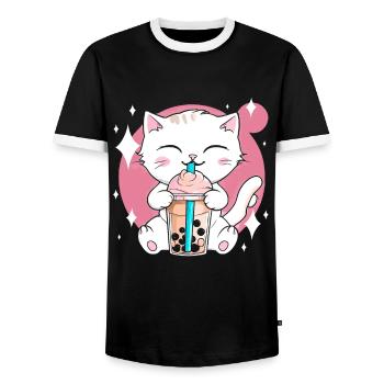 Kawaii Bubble Tea Cat Boba Milk - Men's Ringer Shirt - black/white - Front - AI Model Female 172 light (172cm) & AI Model Male 178 light (178cm)
