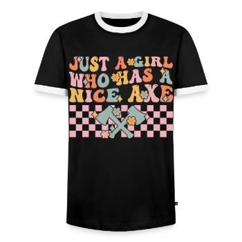 Groovy Axe Throwing Girl - Men's Ringer Shirt - black/white - Front - AI Model Female 172 light (172cm) & AI Model Male 178 light (178cm)