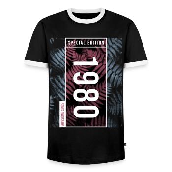 Special Edition 1980's Birthday Urban Graphic - Men's Ringer Shirt - black/white - Front - AI Model Female 172 light (172cm) & AI Model Male 178 light (178cm)
