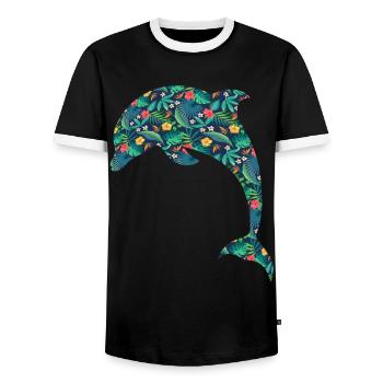 Dolphin Tropical Flower Floral - Men's Ringer Shirt - black/white - Front - AI Model Female 172 light (172cm) & AI Model Male 178 light (178cm)