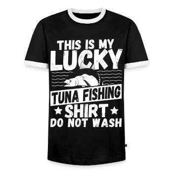 C’est ma chemise de pêche au thon porte-bonheur ne pas laver - T-shirt contrasté Homme - noir/blanc - Devant - AI Model Female 172 light (172cm) & AI Model Male 178 light (178cm)