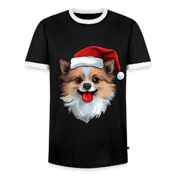 Pomeranian Dog Head Christmas Pomeranian - Men's Ringer Shirt - black/white - Front - AI Model Female 172 light (172cm) & AI Model Male 178 light (178cm)
