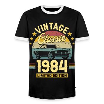 Vintage Car Year 1984 40 Years Anniversary - Men's Ringer Shirt - black/white - Front - AI Model Female 172 light (172cm) & AI Model Male 178 light (178cm)