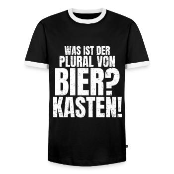Plural von Bier? Kasten Lustiger Feierabend Spruch - Männer Kontrast-T-Shirt - Schwarz/Weiß - Vorne - AI Model Female 172 light (172cm) & AI Model Male 178 light (178cm)