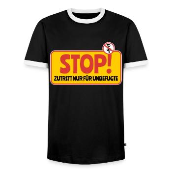 lustiges Schild, Stop, Zutritt nur für Unbefugte - Männer Kontrast-T-Shirt - Schwarz/Weiß - Vorne - AI Model Female 172 light (172cm) & AI Model Male 178 light (178cm)