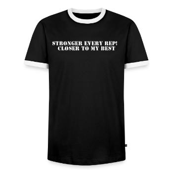 Fitness - Plus fort à chaque répétition, plus proche de mon meilleur niveau - T-shirt contrasté Homme - noir/blanc - Devant - AI Model Female 172 light (172cm) & AI Model Male 178 light (178cm)