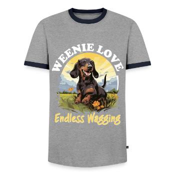 Dachshund wiener sausage dog Weenie love endless - Men's Ringer Shirt - grey/navy  - Front - AI Model Female 172 light (172cm) & AI Model Male 178 light (178cm)