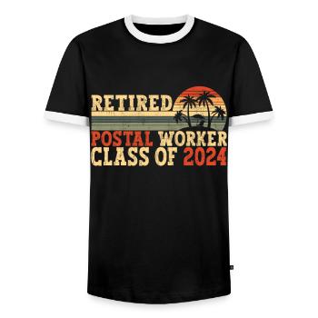 Retired Postal Worker Class Of 2024 - Men's Ringer Shirt - black/white - Front - AI Model Female 172 light (172cm) & AI Model Male 178 light (178cm)