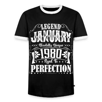 January 1980. January 1980 Birthday Gift. - Men's Ringer Shirt - black/white - Front - AI Model Female 172 light (172cm) & AI Model Male 178 light (178cm)