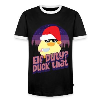 Duck Elf Duty - Ente mit Messer Duck with Knife - Men's Ringer Shirt - black/white - Front - AI Model Female 172 light (172cm) & AI Model Male 178 light (178cm)
