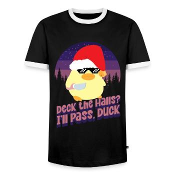 Deck the Halls - Ente mit Messer Duck with Knife - Men's Ringer Shirt - black/white - Front - AI Model Female 172 light (172cm) & AI Model Male 178 light (178cm)