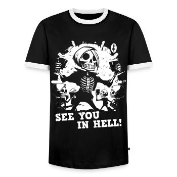 Célébrons en enfer, nous vous verrons en enfer - T-shirt contrasté Homme - noir/blanc - Devant - AI Model Female 172 light (172cm) & AI Model Male 178 light (178cm)