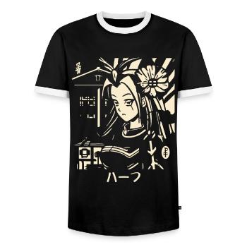 Half Japanese, ein Manga-Anime-Stil für Menschen - Männer Kontrast-T-Shirt - Schwarz/Weiß - Vorne - AI Model Female 172 light (172cm) & AI Model Male 178 light (178cm)