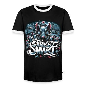 Raat pulvérisateur : la vie citadine dans une débauche de couleurs - T-shirt contrasté Homme - noir/blanc - Devant - AI Model Female 172 light (172cm) & AI Model Male 178 light (178cm)