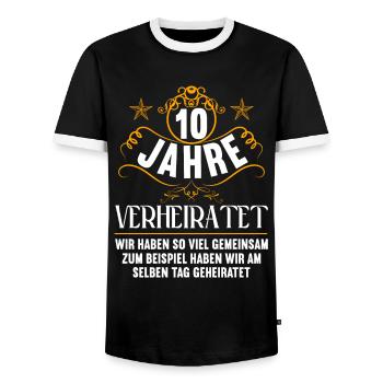 Wir haben viel gemeinsam 10.Hochzeitstag - Männer Kontrast-T-Shirt - Schwarz/Weiß - Vorne - AI Model Female 172 light (172cm) & AI Model Male 178 light (178cm)