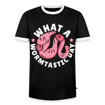 What A Wormtastic Day Worm Farming Vermiculture - Men's Ringer Shirt - black/white - Front - AI Model Female 172 light (172cm) & AI Model Male 178 light (178cm)
