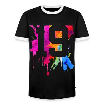 19 YEARS 19TH BIRTHDAY - Men's Ringer Shirt - black/white - Front - AI Model Female 172 light (172cm) & AI Model Male 178 light (178cm)