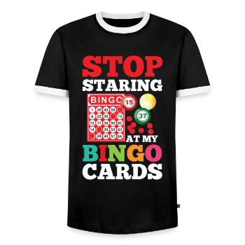 Stop Staring At My Bingo Cards für einen Bingo - Männer Kontrast-T-Shirt - Schwarz/Weiß - Vorne - AI Model Female 172 light (172cm) & AI Model Male 178 light (178cm)