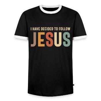 Follow Jesus Inspirational Christian Quote - Men's Ringer Shirt - black/white - Front - AI Model Female 172 light (172cm) & AI Model Male 178 light (178cm)