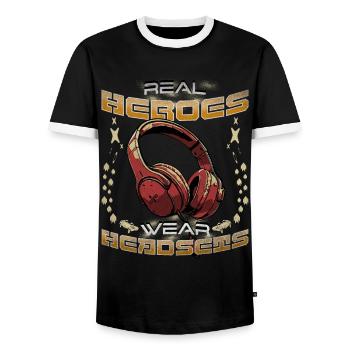 Les vrais héros portent des casques Funny Gamer Boys & Kids - T-shirt contrasté Homme - noir/blanc - Devant - AI Model Female 172 light (172cm) & AI Model Male 178 light (178cm)