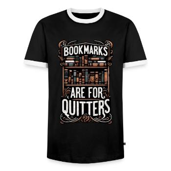 Bookmarks are for Quitters Design - Men's Ringer Shirt - black/white - Front - AI Model Female 172 light (172cm) & AI Model Male 178 light (178cm)