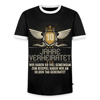 Wir haben viel gemeinsam 10.Hochzeitstag - Männer Kontrast-T-Shirt - Schwarz/Weiß - Vorne - AI Model Female 172 light (172cm) & AI Model Male 178 light (178cm)