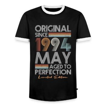 30th Birthday Vintage May 1994 Original 1994 - Men's Ringer Shirt - black/white - Front - AI Model Female 172 light (172cm) & AI Model Male 178 light (178cm)