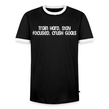 Fitness - Entraînez-vous dur, restez concentré, atteignez vos objectifs - T-shirt contrasté Homme - noir/blanc - Devant - AI Model Female 172 light (172cm) & AI Model Male 178 light (178cm)