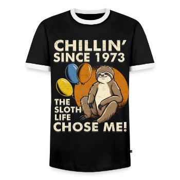 Sloth Birthday Vintage 1973 - Men's Ringer Shirt - black/white - Front - AI Model Female 172 light (172cm) & AI Model Male 178 light (178cm)