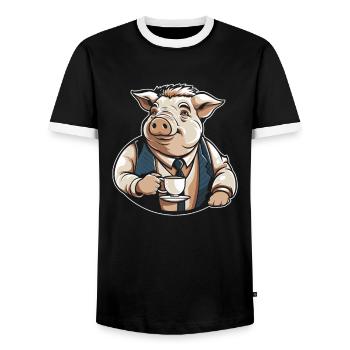 Pig Pig Farmer Coffee - Men's Ringer Shirt - black/white - Front - AI Model Female 172 light (172cm) & AI Model Male 178 light (178cm)