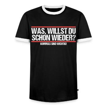 Was willst du schon wieder? Grammatik Witz - Männer Kontrast-T-Shirt - Schwarz/Weiß - Vorne - AI Model Female 172 light (172cm) & AI Model Male 178 light (178cm)