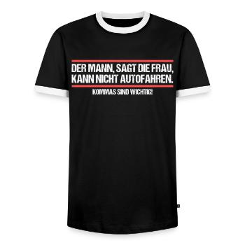 Der Mann sagt die Frau kann nicht fahren Witz - Männer Kontrast-T-Shirt - Schwarz/Weiß - Vorne - AI Model Female 172 light (172cm) & AI Model Male 178 light (178cm)