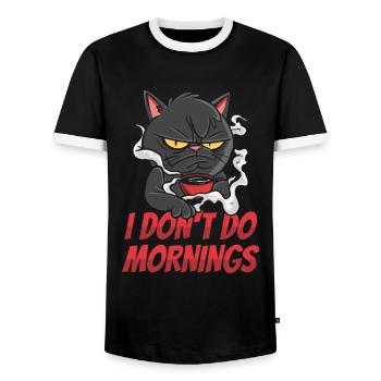 Coffee Cafe Cat I Don't Do Mornings - Men's Ringer Shirt - black/white - Front - AI Model Female 172 light (172cm) & AI Model Male 178 light (178cm)
