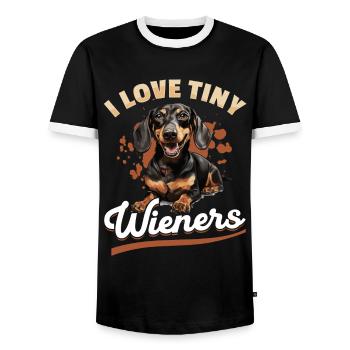 Saucisse saucisse saucisse teckel chien j’aime les petites saucisses - T-shirt contrasté Homme - noir/blanc - Devant - AI Model Female 172 light (172cm) & AI Model Male 178 light (178cm)