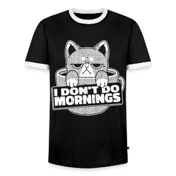 Kaffee Cafe Katze I Dont Do Mornings - Männer Kontrast-T-Shirt - Schwarz/Weiß - Vorne - AI Model Female 172 light (172cm) & AI Model Male 178 light (178cm)