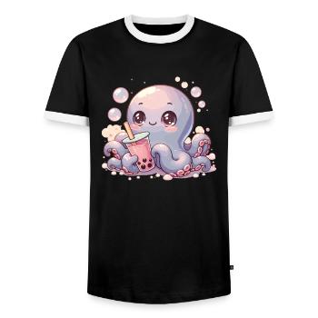 Octopus Drinking Bubble Tea kawaii Boba Octopus - Men's Ringer Shirt - black/white - Front - AI Model Female 172 light (172cm) & AI Model Male 178 light (178cm)