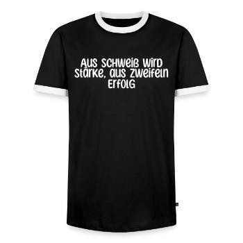 Fitness - Aus Schweiß wird Stärke, aus Zweifeln - Männer Kontrast-T-Shirt - Schwarz/Weiß - Vorne - AI Model Female 172 light (172cm) & AI Model Male 178 light (178cm)