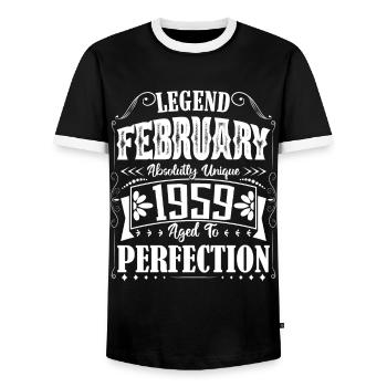 Février 1959. Cadeau d'Anniversaire février 1959. - T-shirt contrasté Homme - noir/blanc - Devant - AI Model Female 172 light (172cm) & AI Model Male 178 light (178cm)
