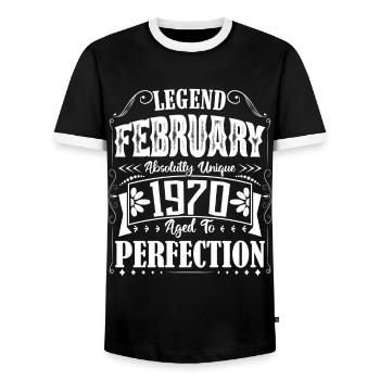 Février 1970. Cadeau d'Anniversaire février 1970. - T-shirt contrasté Homme - noir/blanc - Devant - AI Model Female 172 light (172cm) & AI Model Male 178 light (178cm)