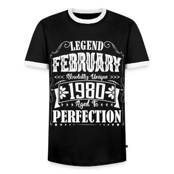 February 1980. February 1980 Birthday Gift. - Men's Ringer Shirt - black/white - Front - AI Model Female 172 light (172cm) & AI Model Male 178 light (178cm)