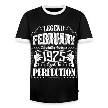 February 1975. February 1975 Birthday Gift. - Men's Ringer Shirt - black/white - Front - AI Model Female 172 light (172cm) & AI Model Male 178 light (178cm)